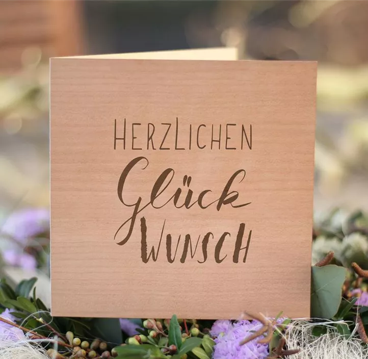 Holzgrußkarte - Herzlichen Glückwunsch Kirsche