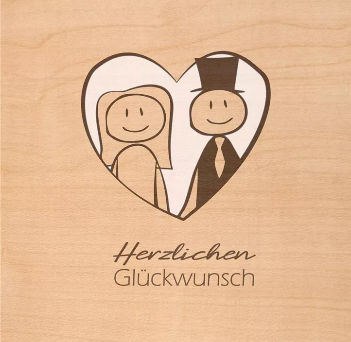 Holzgrußkarte - Glückwunsch zur Hochzeit Brautpaar mit Herz