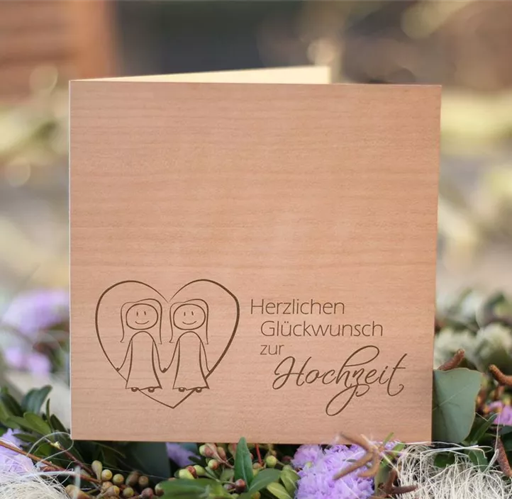 Holzgrußkarte - Glückwunsch zur Hochzeit Brautpaar Frauen