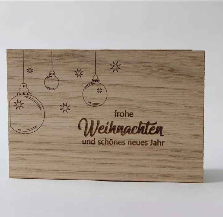 Holzgrußkarte - Frohe Weihnachten Kugeln