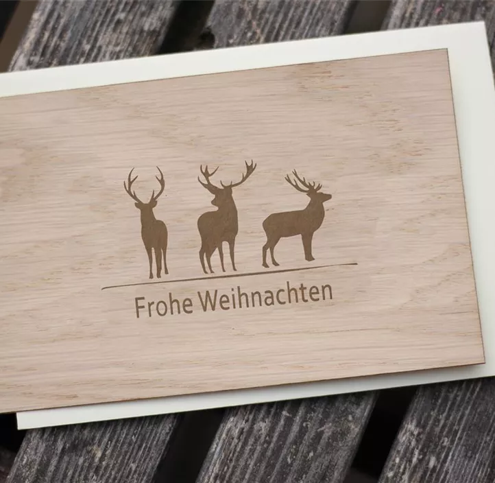 Holzgrußkarte - Frohe Weihnachten Rentiere